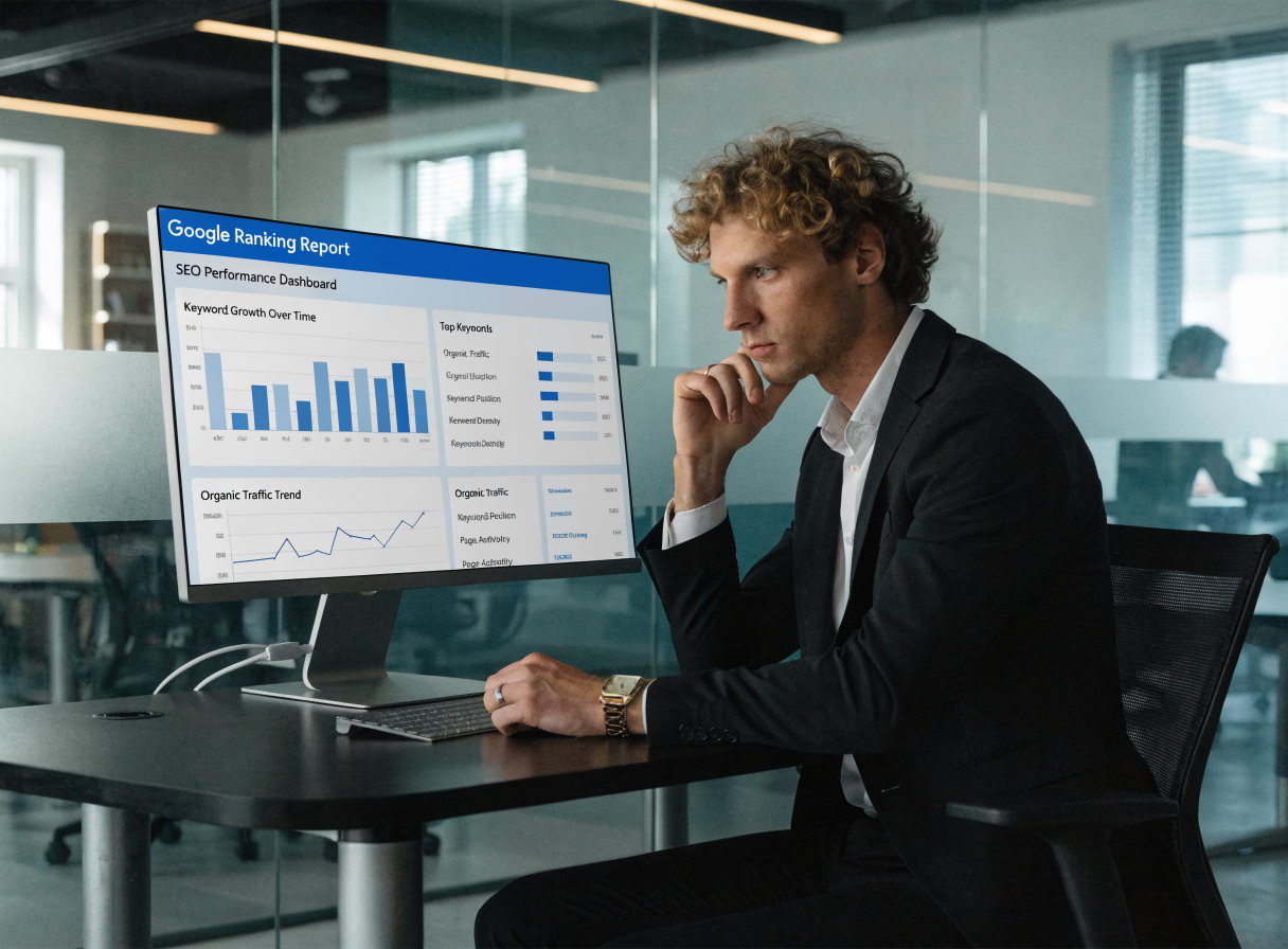Dashboard με αναφορές κατάταξης Google σε γραφείο SEO