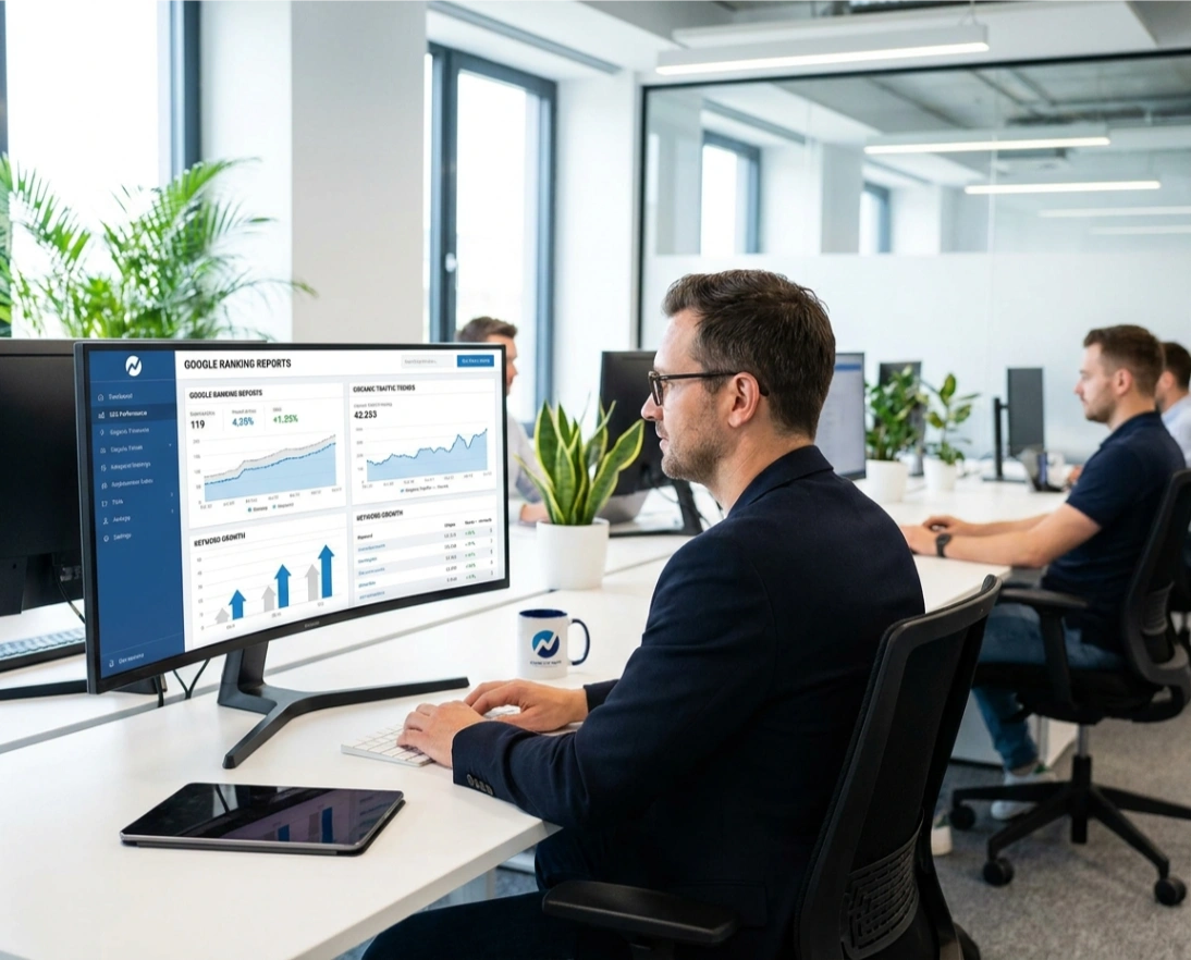 Google ranking reports dashboard in an SEO office
