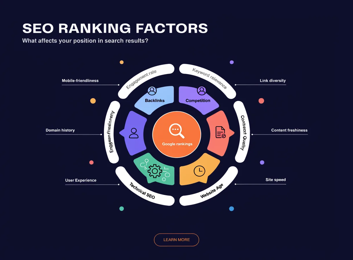 SEO ranking factors wheel with content, backlinks and technical SEO