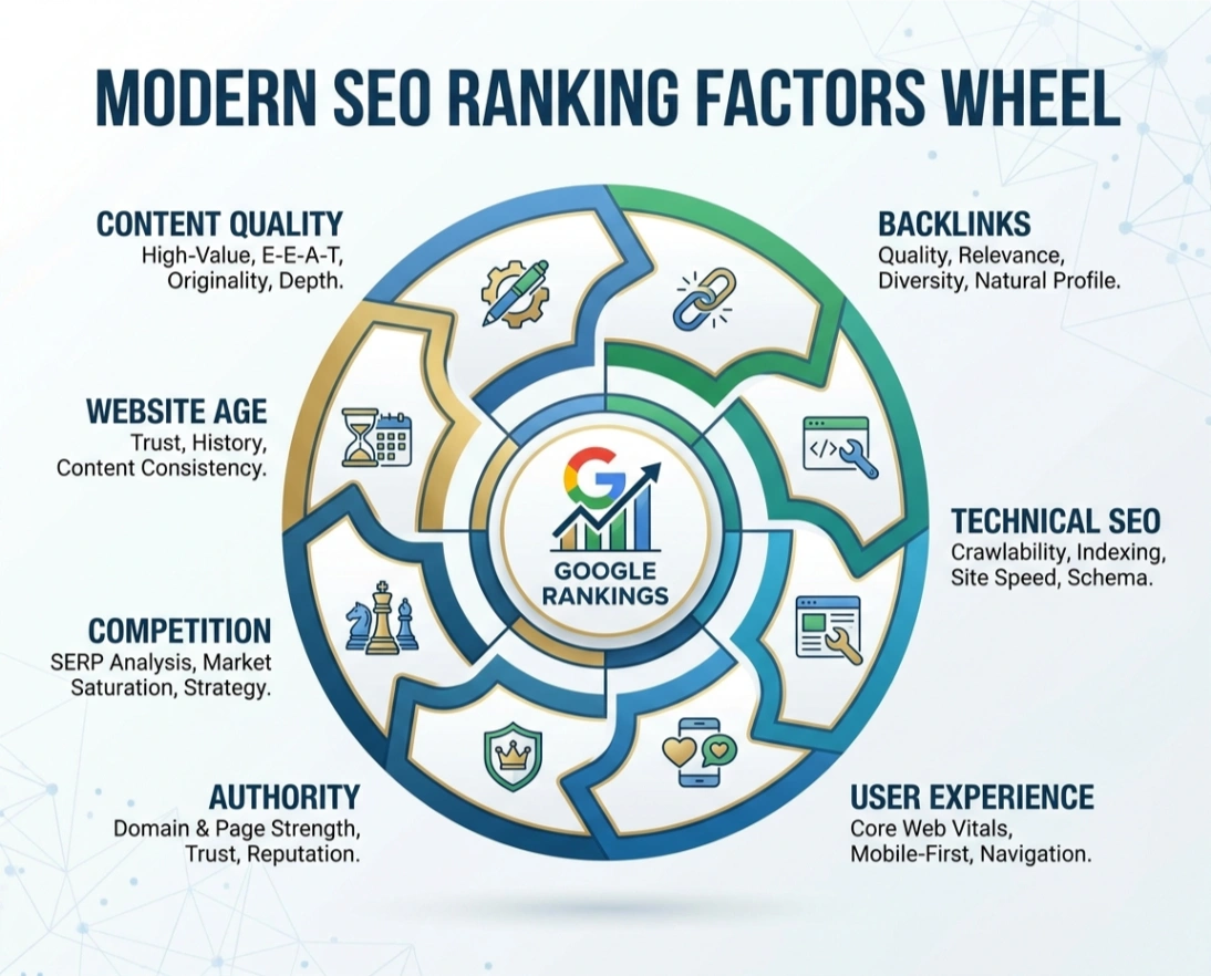 SEO ranking factors wheel with content, backlinks and technical SEO