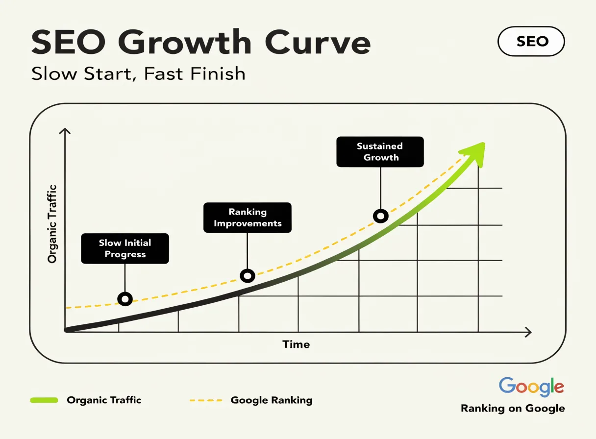 SEO growth curve showing a slow start and accelerating growth