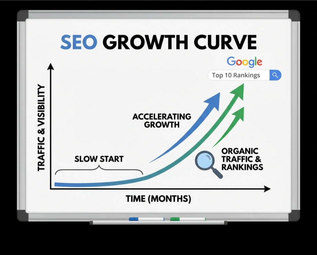 SEO growth curve showing a slow start and accelerating growth