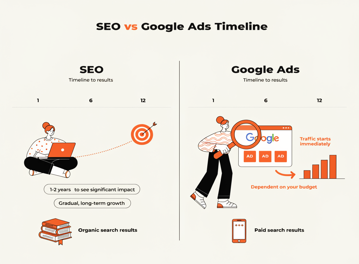 Σύγκριση timeline SEO και Google Ads