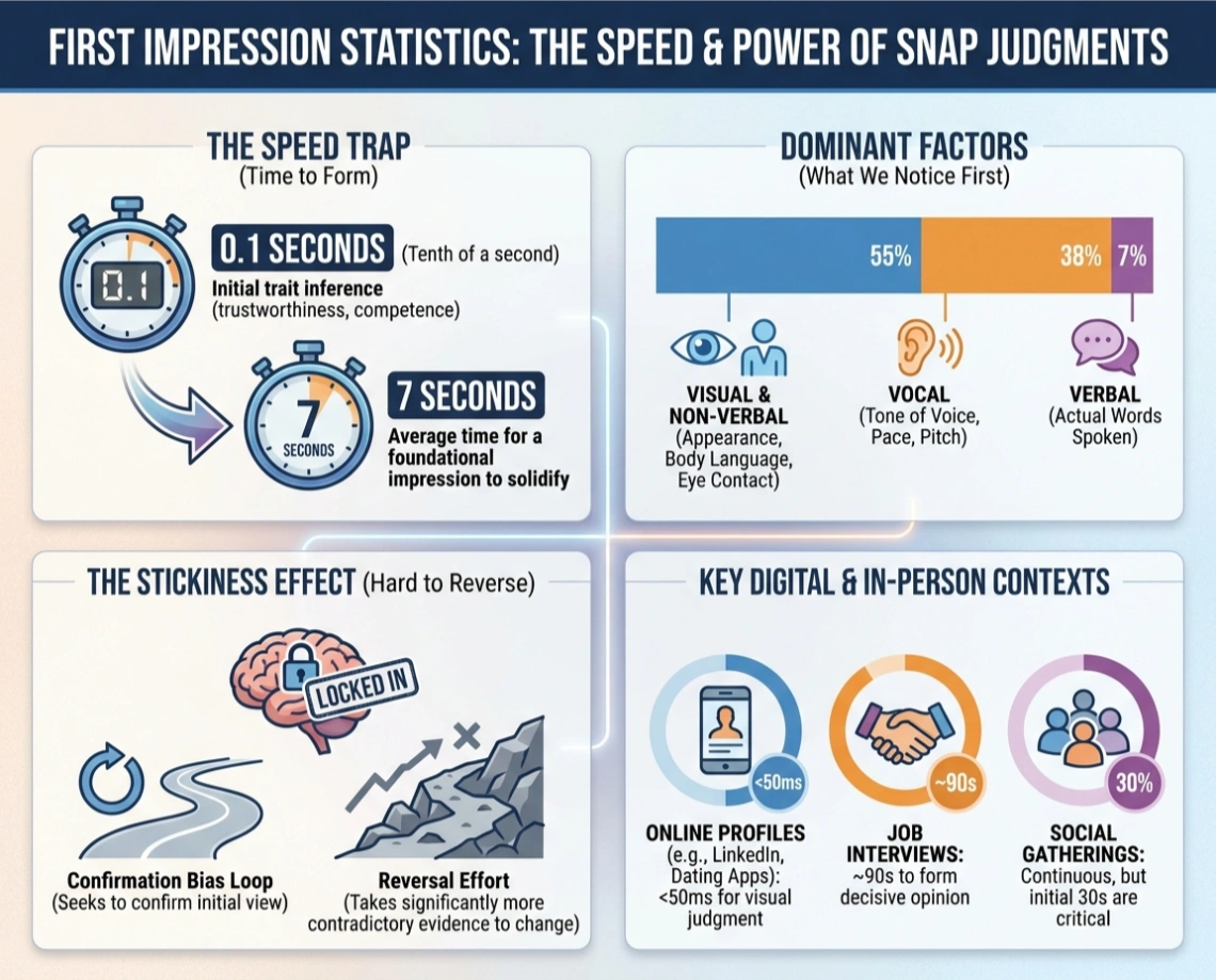 First impression statistics infographic showing the speed of snap judgments