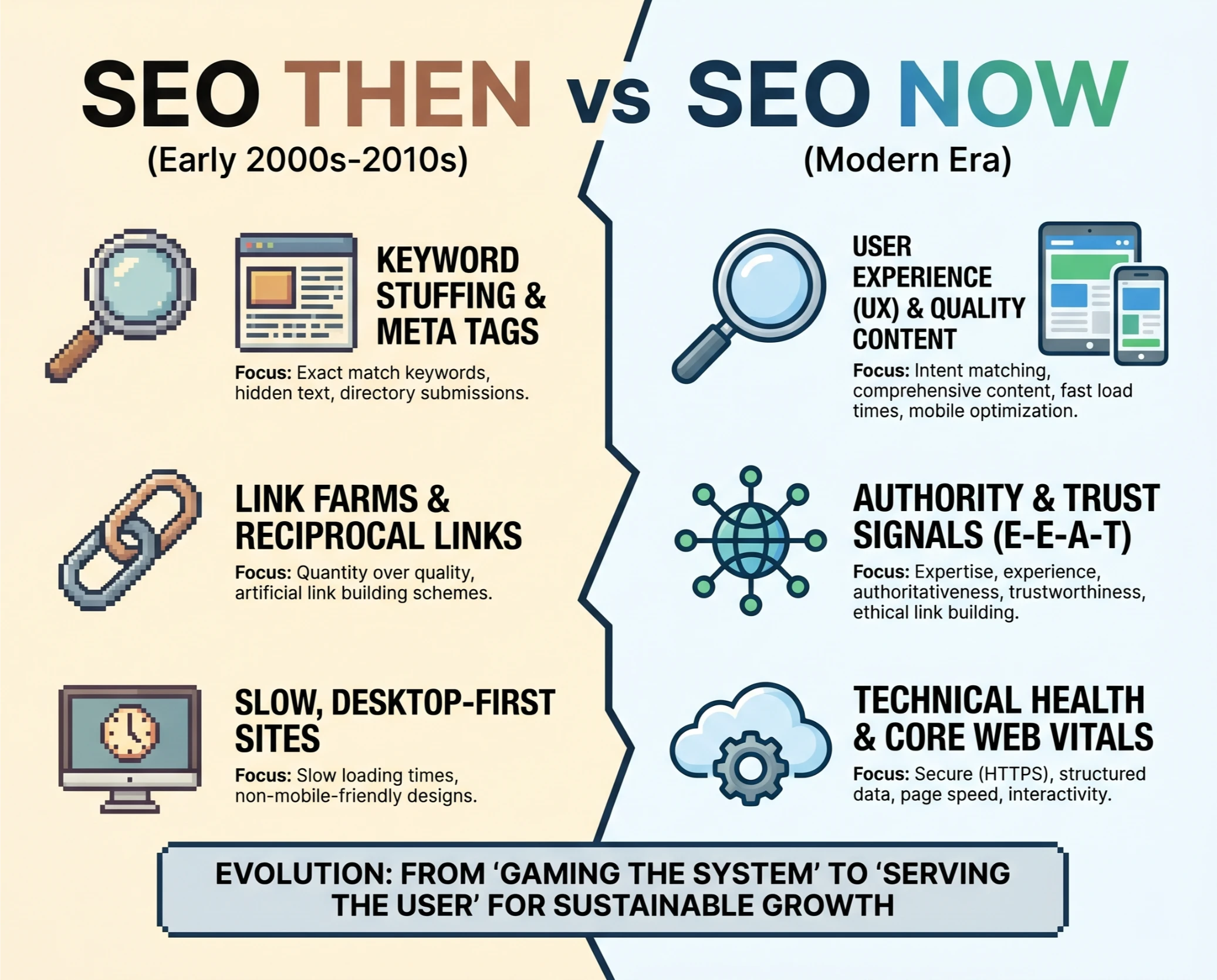 SEO then versus SEO now comparison infographic