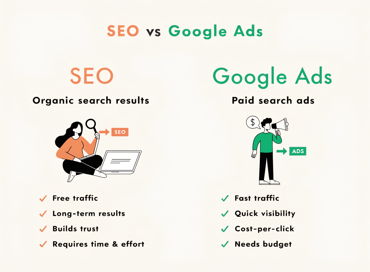 Σύγκριση SEO και Google Ads για μακροπρόθεσμη και άμεση προβολή