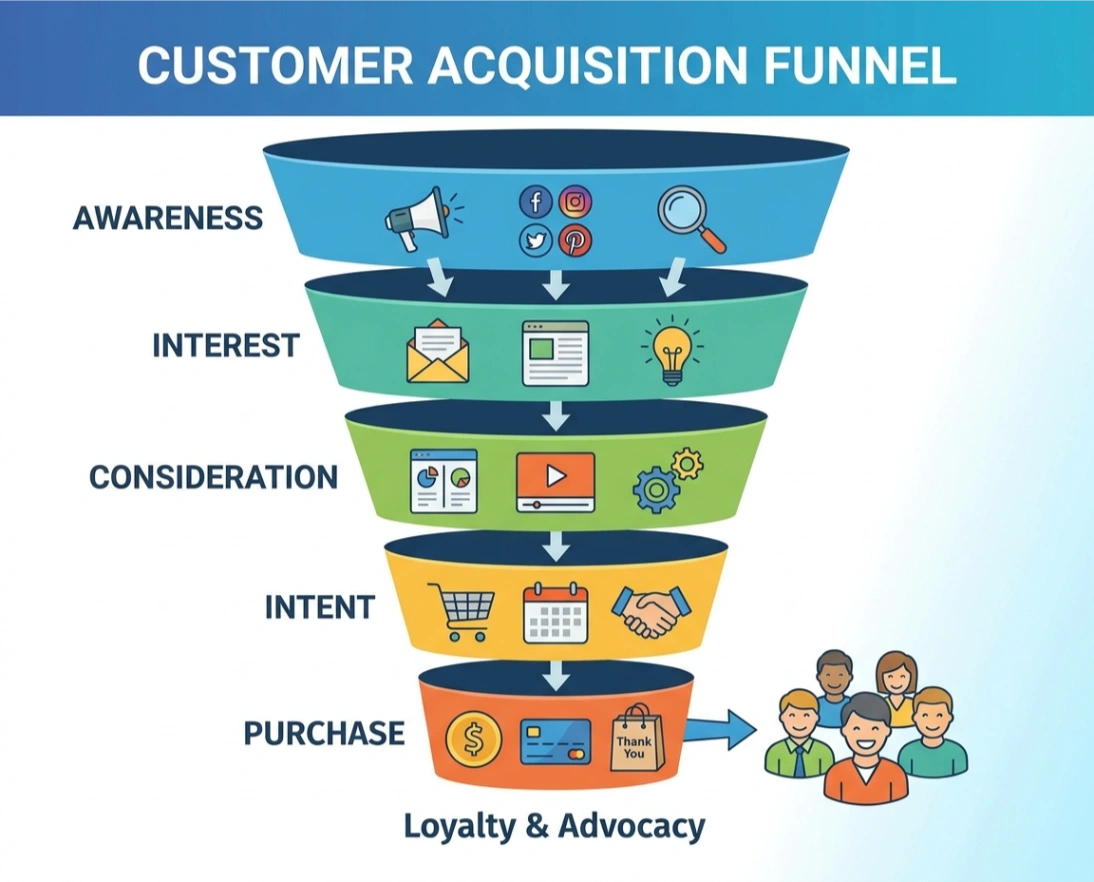Customer acquisition funnel από awareness μέχρι purchase