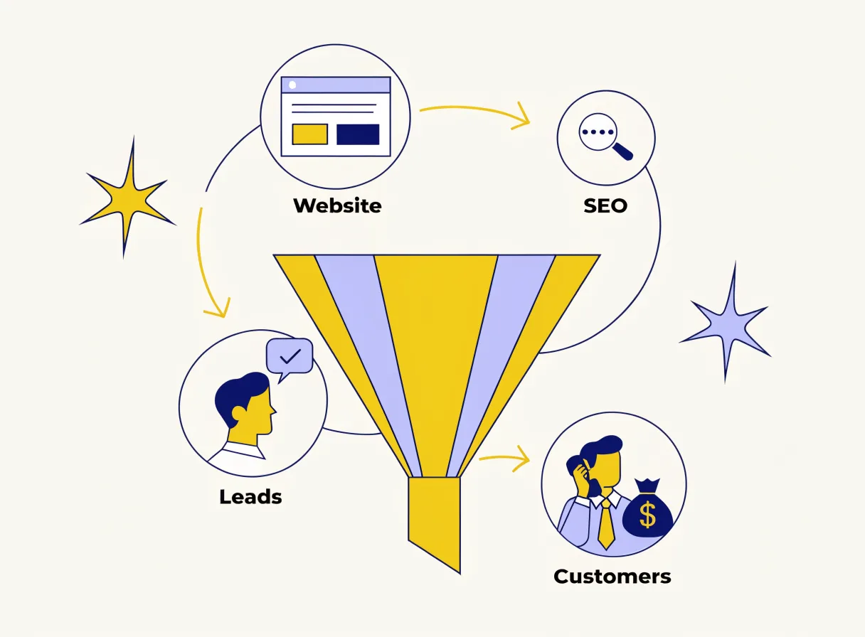 Funnel diagram connecting website, SEO, leads and customers