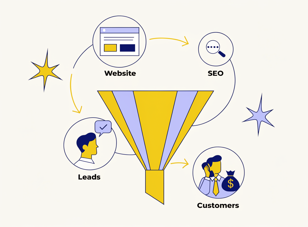 Funnel που συνδέει website, SEO, leads και πελάτες