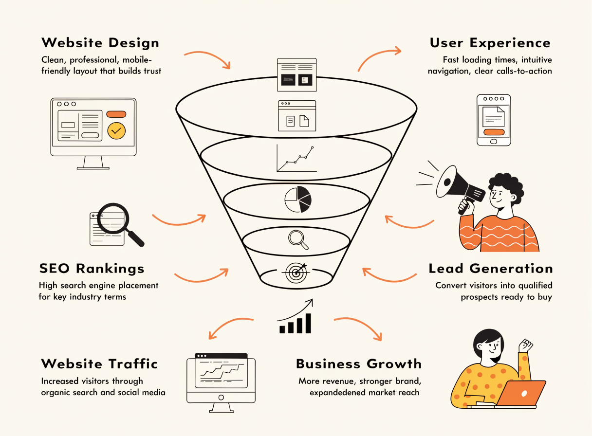 Digital marketing funnel από website design σε SEO, traffic και leads