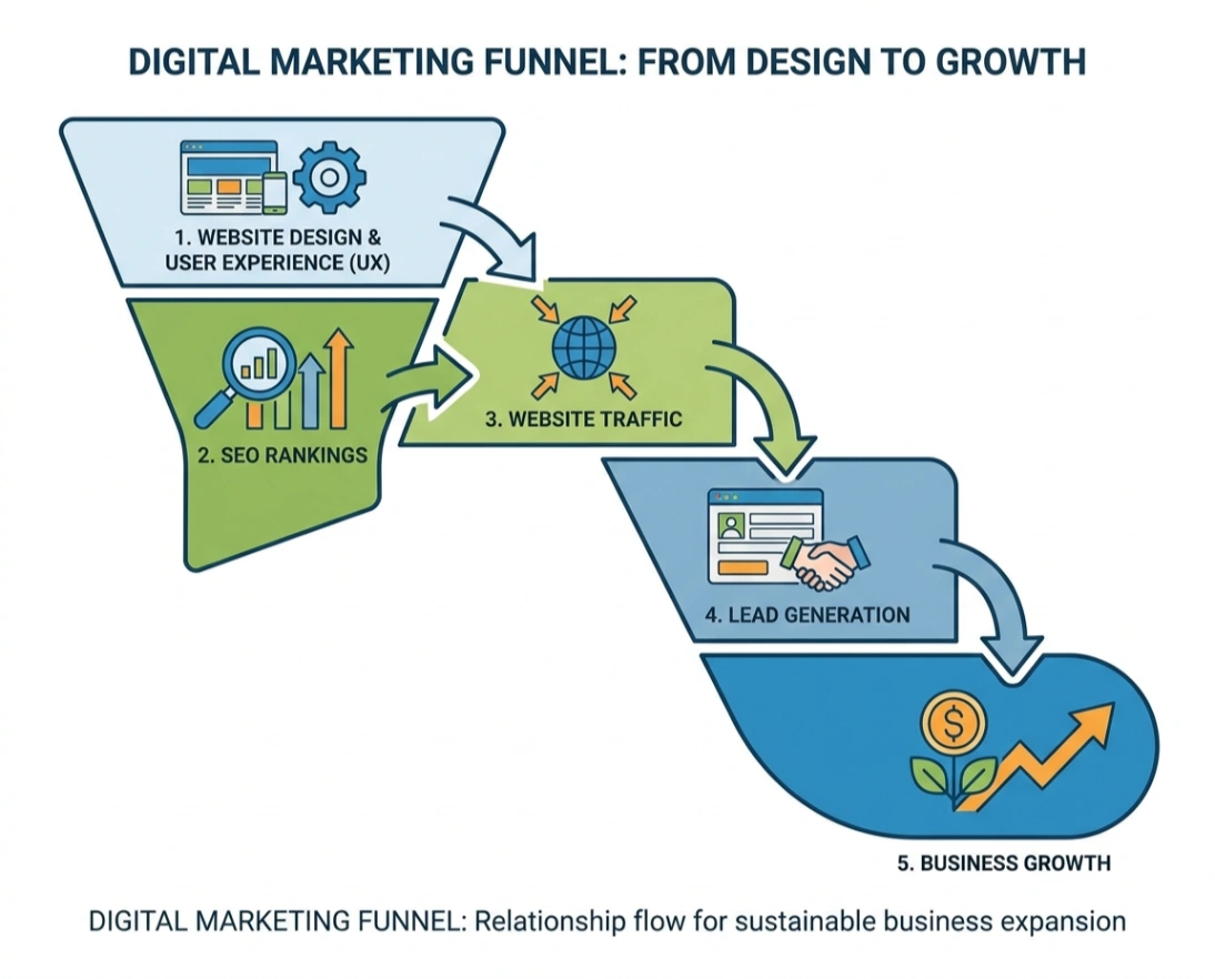 Digital marketing funnel from website design to SEO, traffic and leads