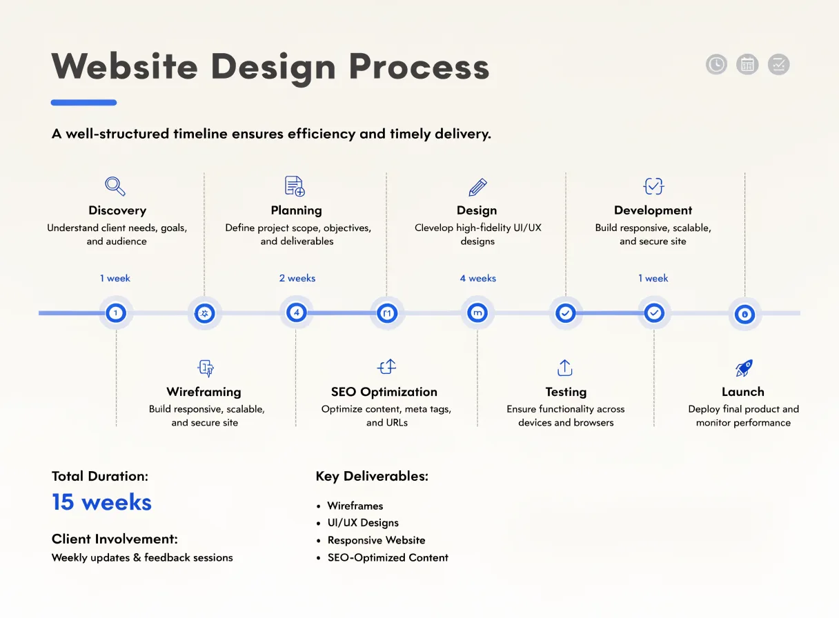 Website design process timeline from discovery to launch