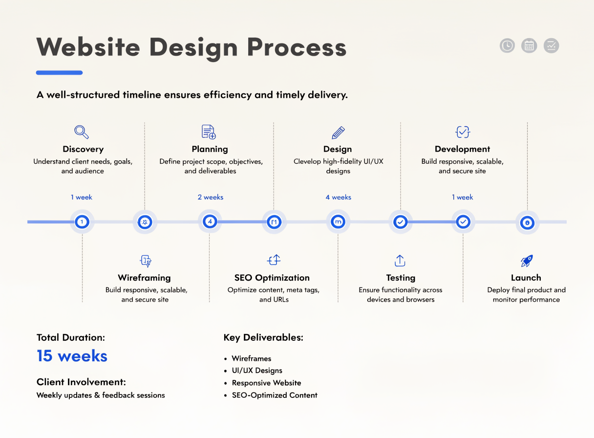Timeline διαδικασίας website design από discovery μέχρι launch
