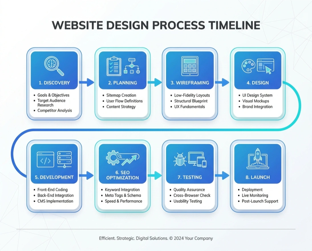 Website design process timeline from discovery to launch