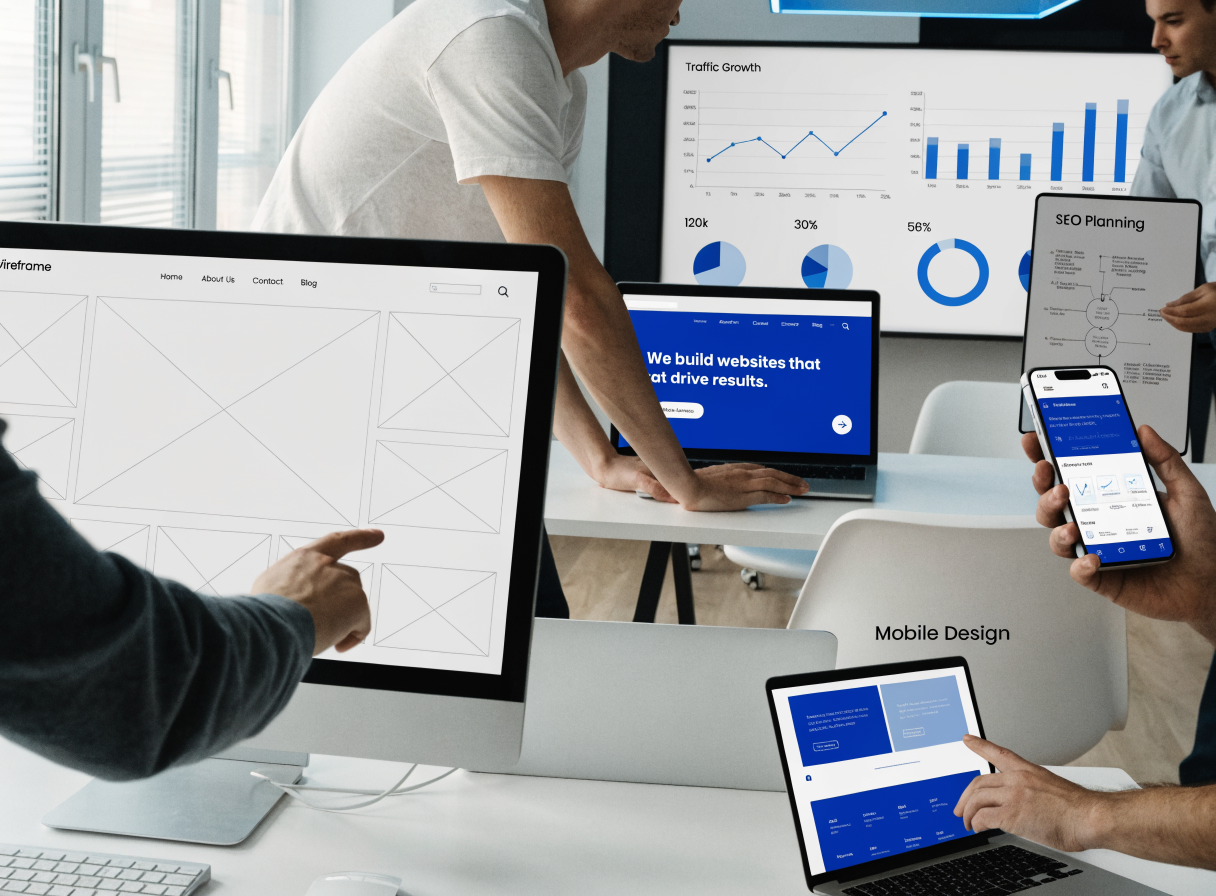 Ομάδα website design εργάζεται σε wireframes και analytics