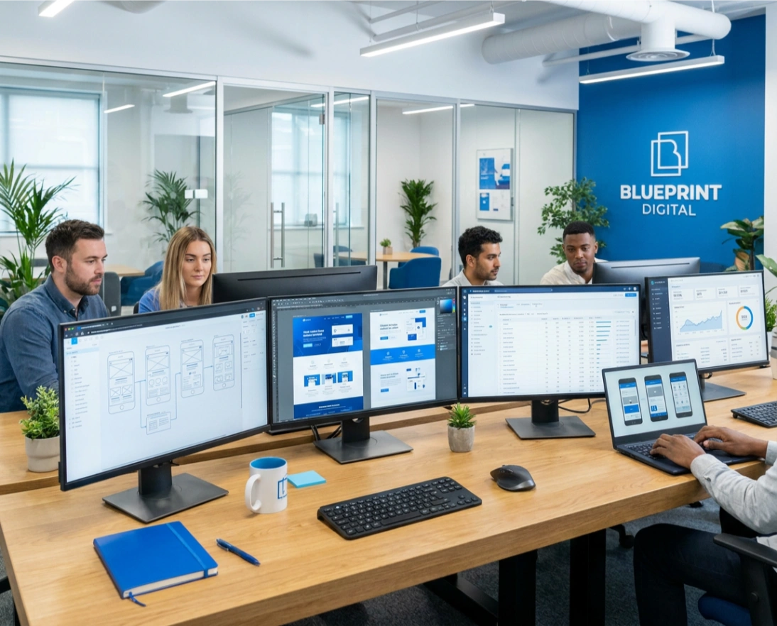 Website design team working on wireframes and analytics