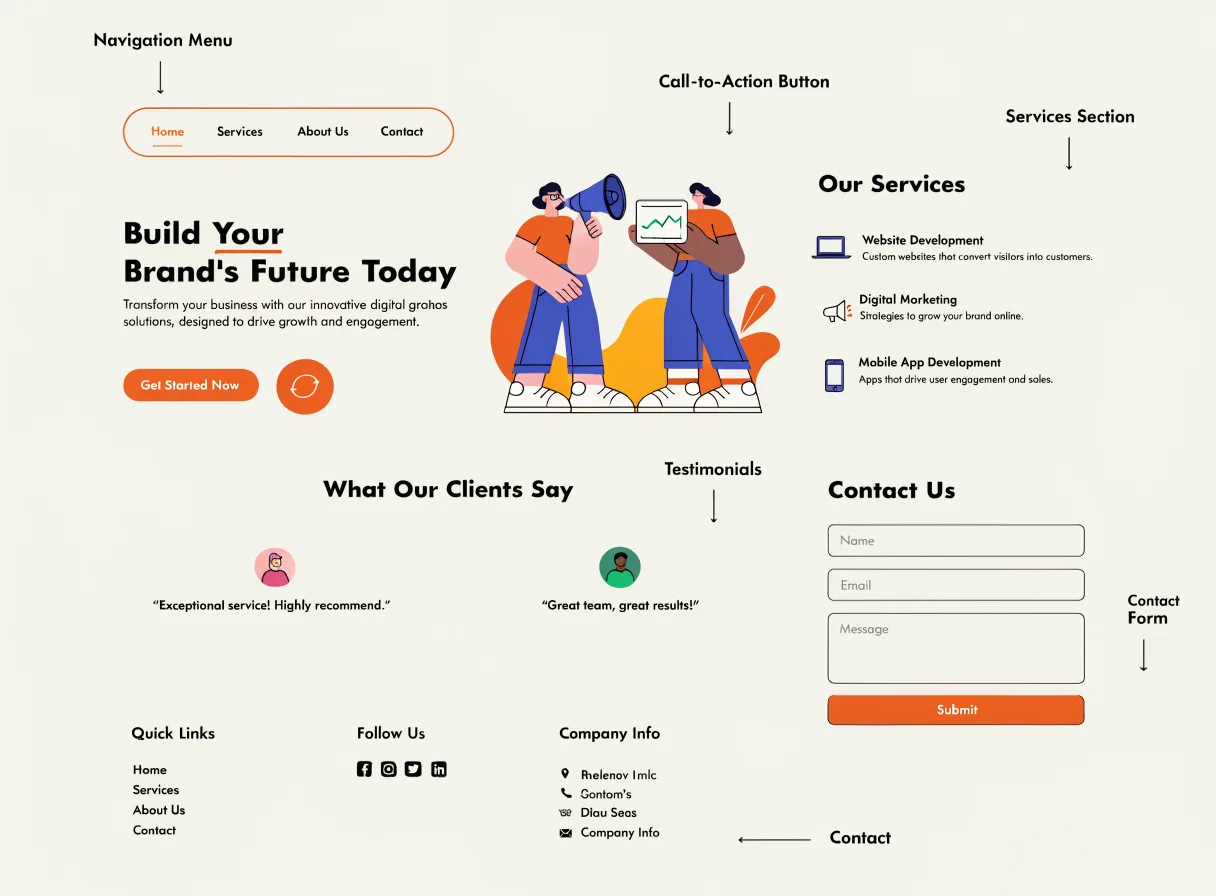 Mockup showing website sections such as hero, navigation, CTA and contact form