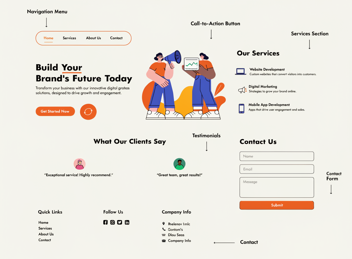 Mockup με βασικά website sections όπως hero, navigation, CTA και contact form