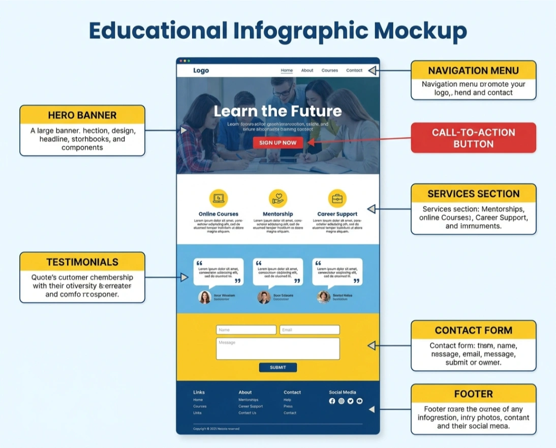 Mockup showing website sections such as hero, navigation, CTA and contact form