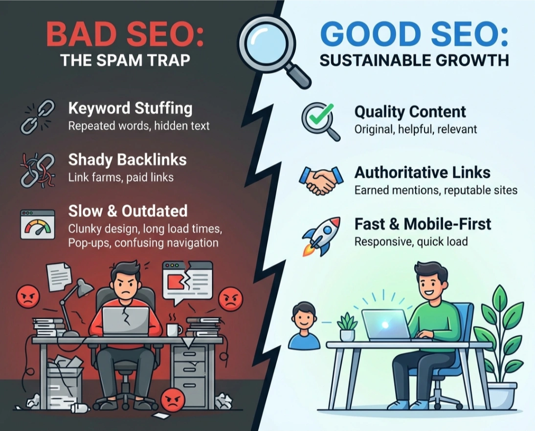 Bad SEO versus good SEO comparison