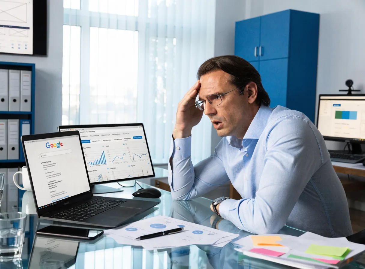 Business owner reviewing low Google rankings on a laptop