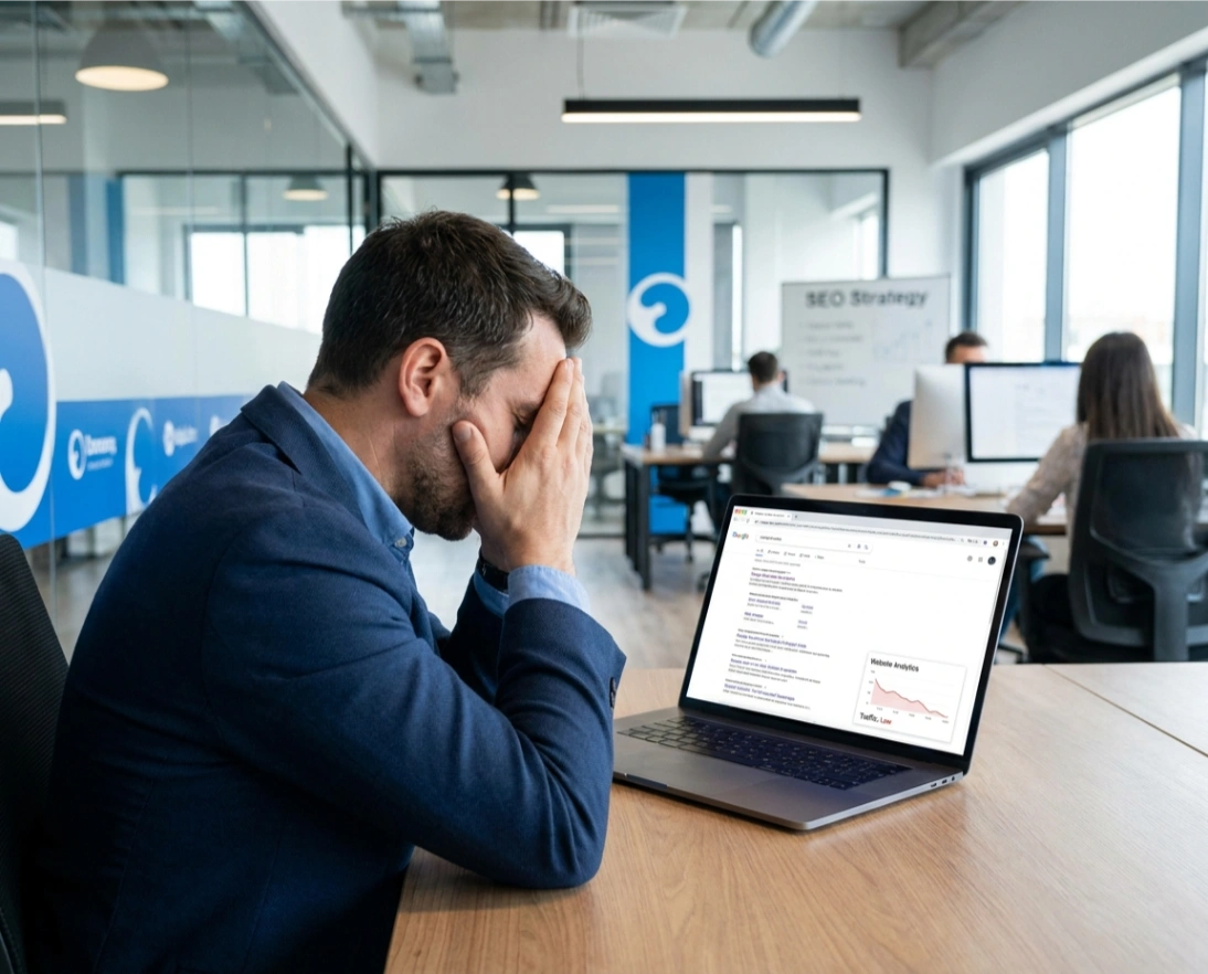 Business owner reviewing low Google rankings on a laptop