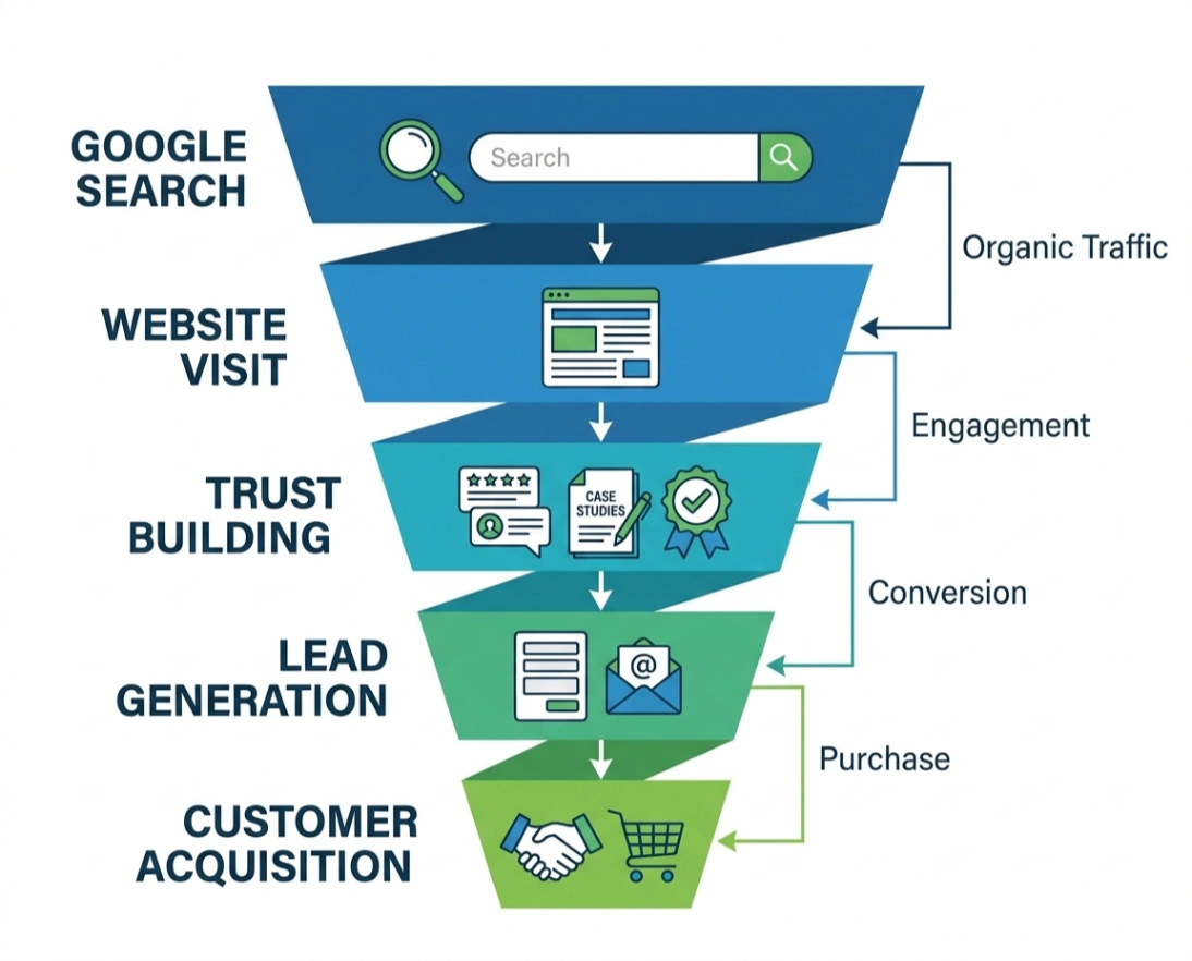 Funnel from Google Search to website visit, trust and customer acquisition