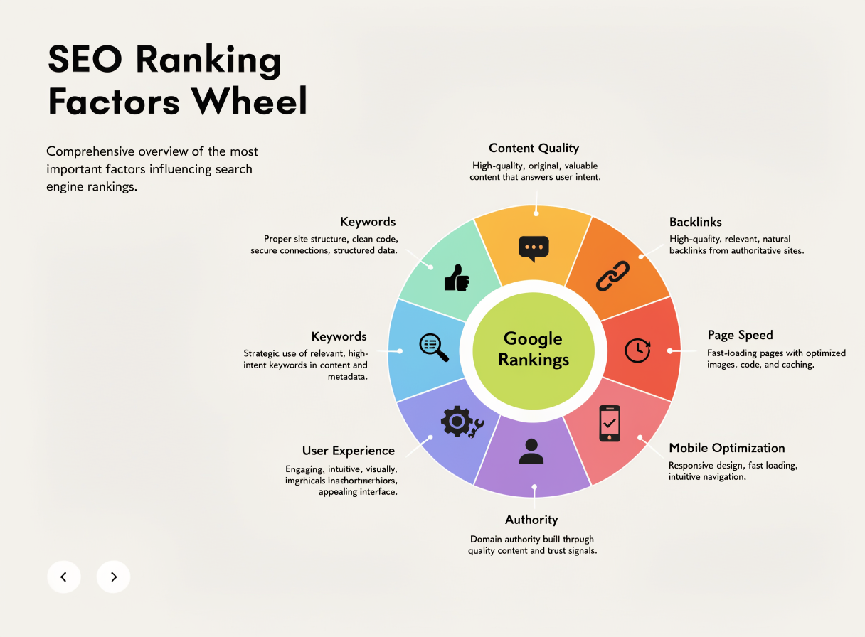 Τροχός παραγόντων κατάταξης Google με keywords, UX και backlinks