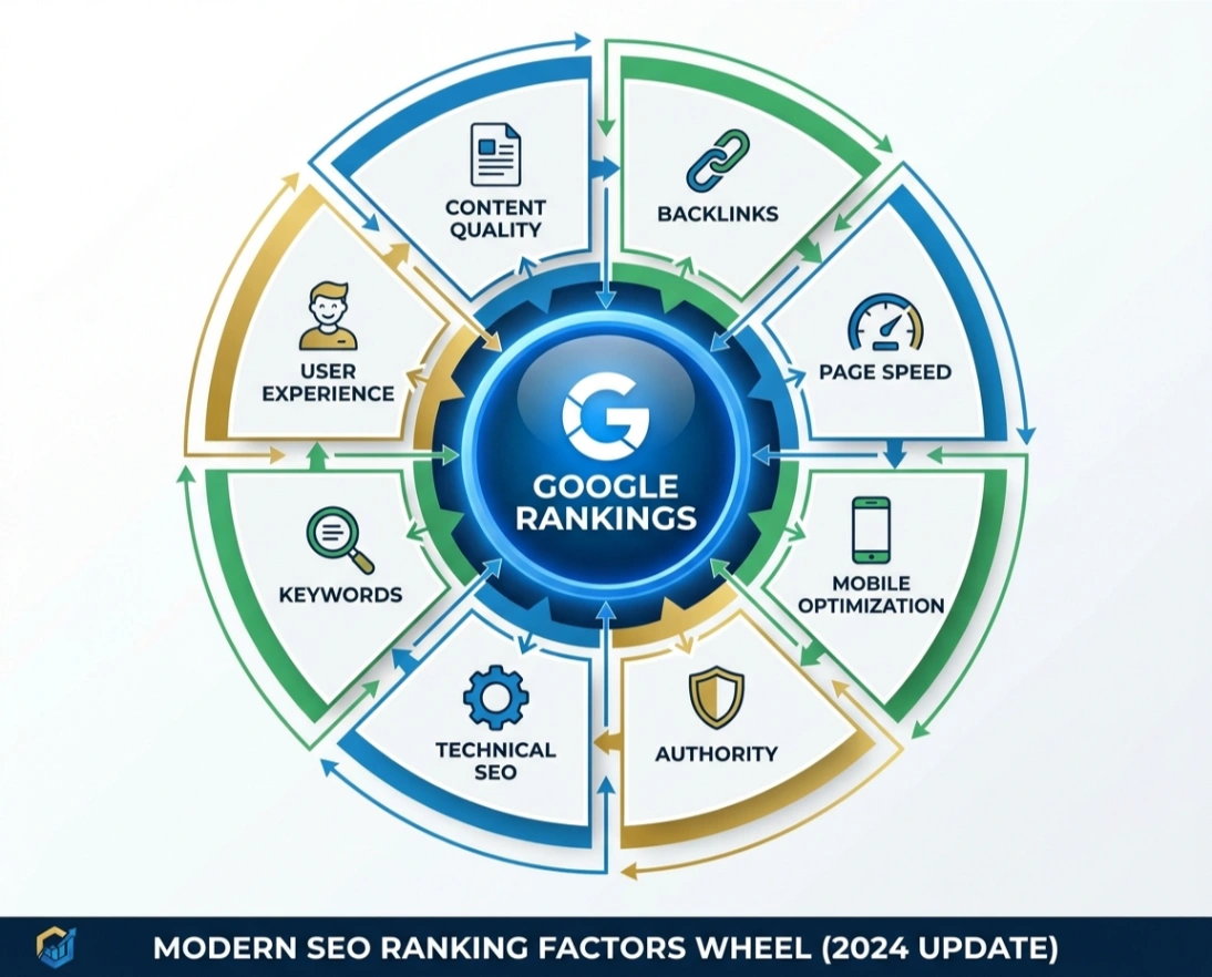 Google ranking factors wheel with keywords, UX and backlinks