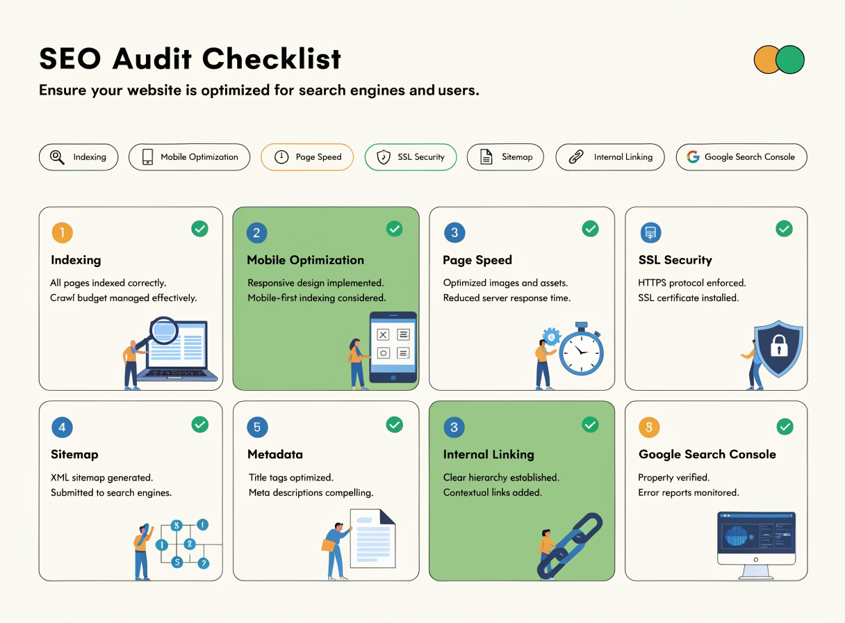 Professional SEO audit checklist με indexing, mobile και metadata