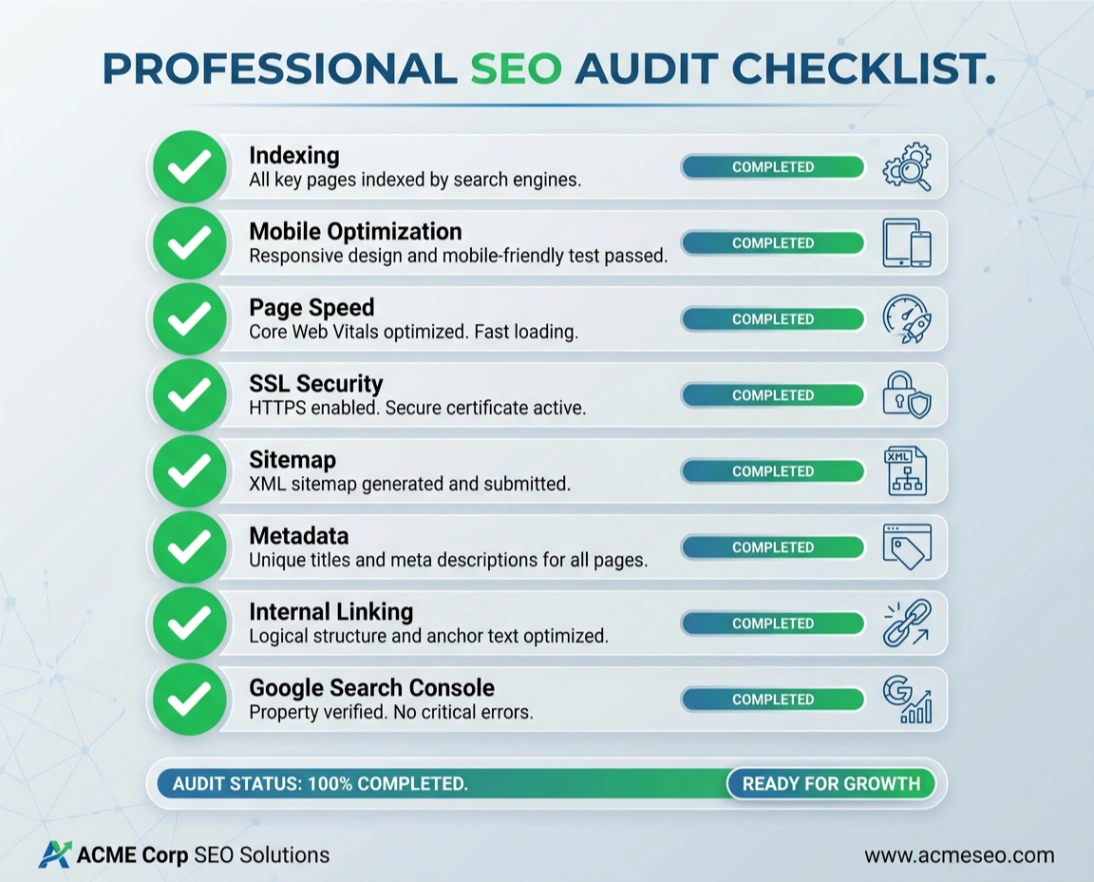 Professional SEO audit checklist covering indexing, mobile and metadata