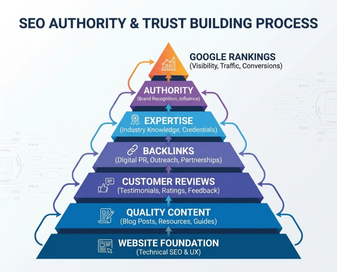 SEO authority and trust building process with backlinks and reviews