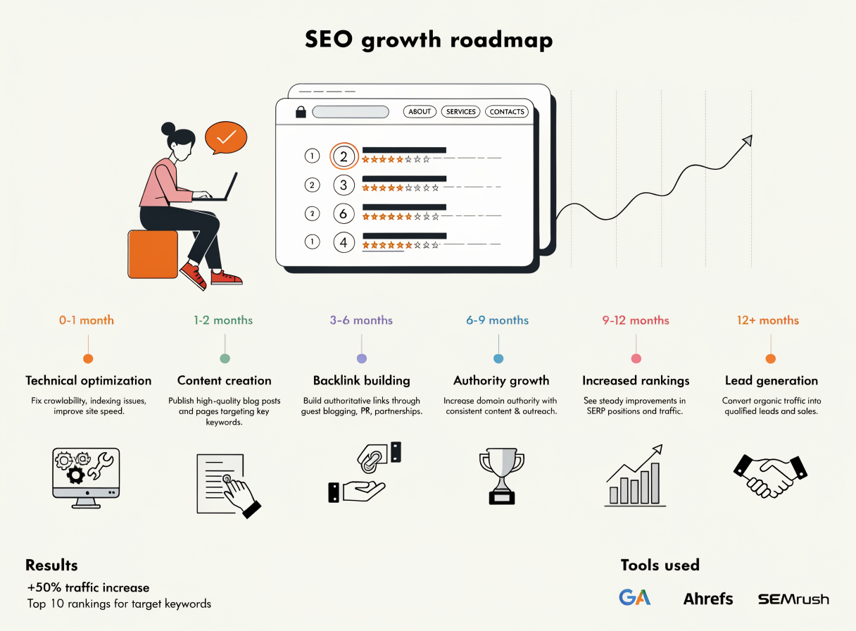 Timeline βελτίωσης κατατάξεων SEO ανά τρίμηνο