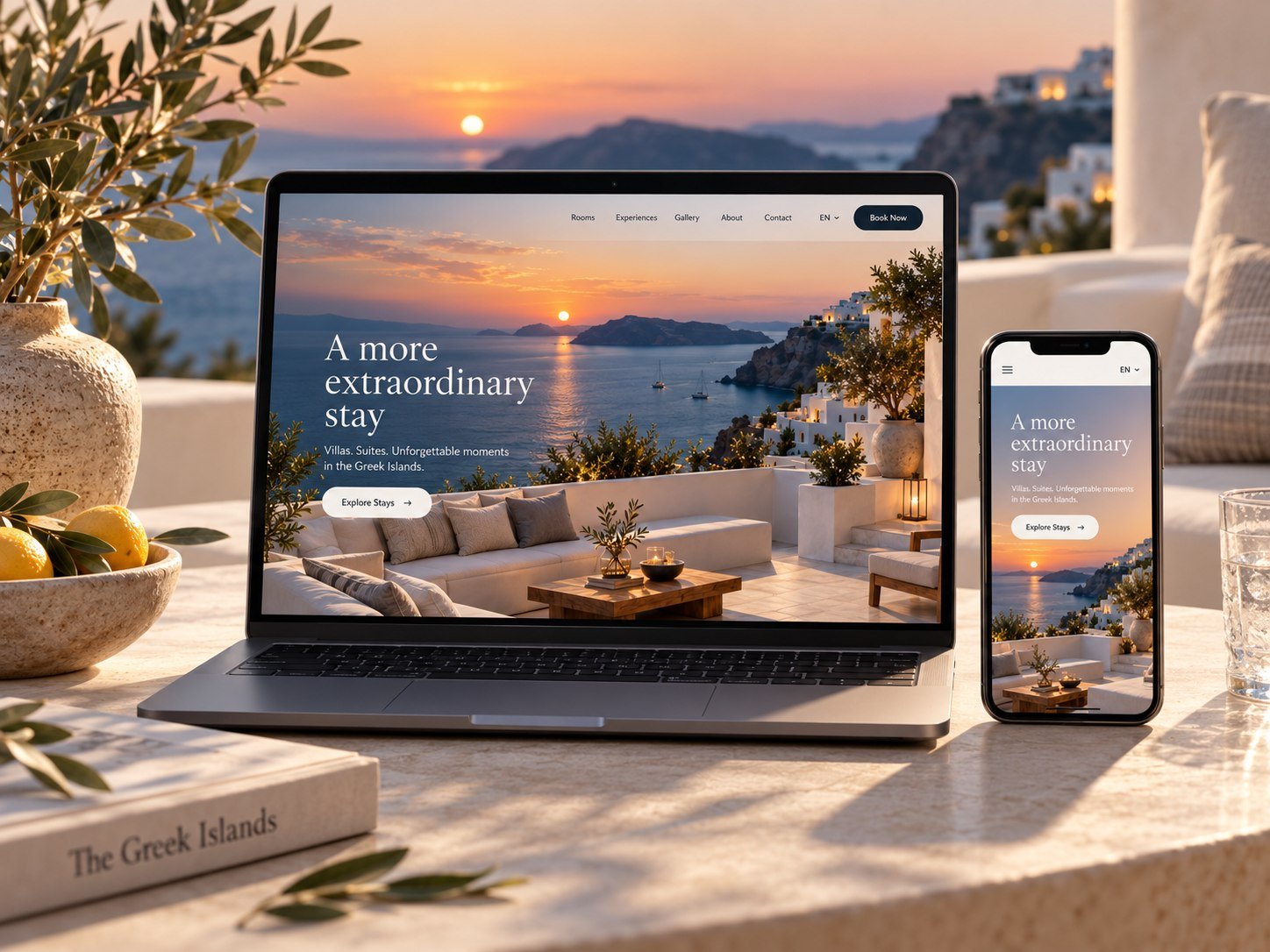 Hospitality website displayed on a laptop and phone
