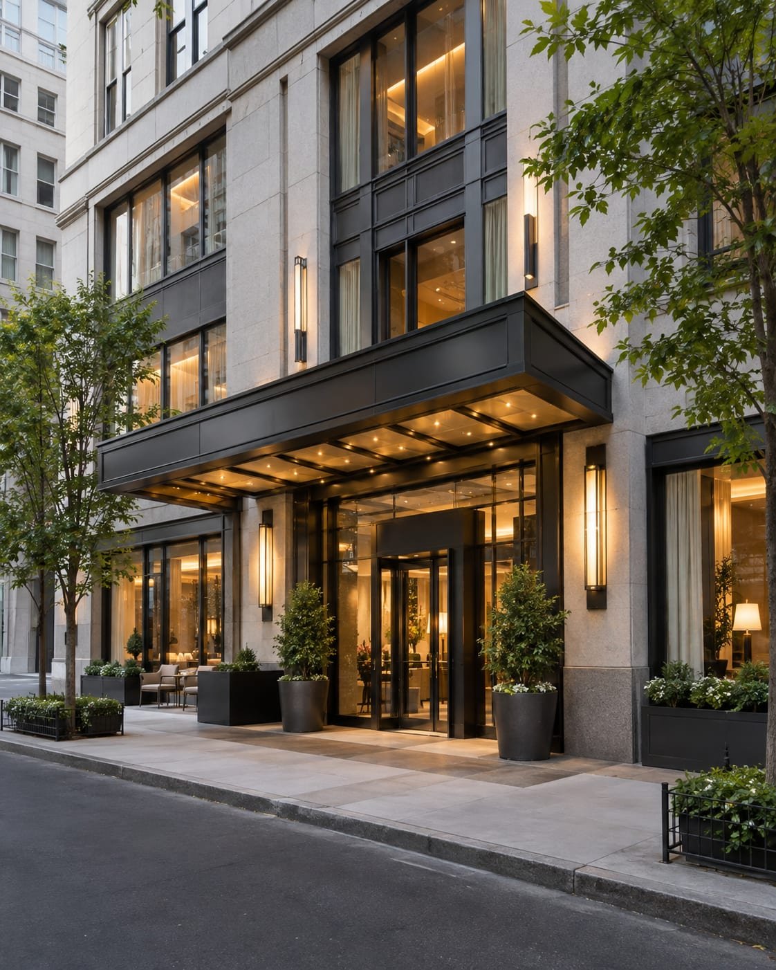 Entrance to a modern boutique hotel with an illuminated facade