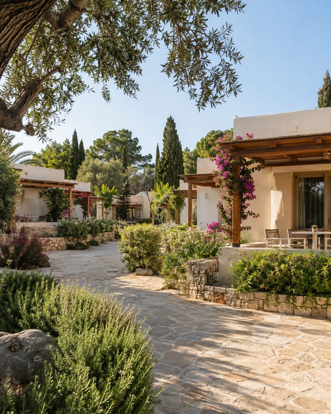White holiday villas with a garden and stone pathway