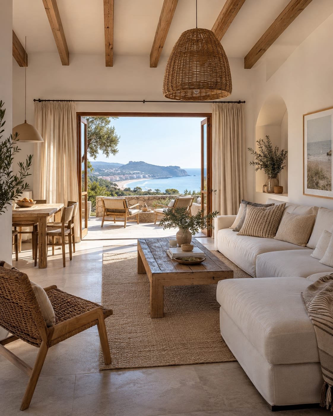 Apartment living room opening onto a terrace with sea views