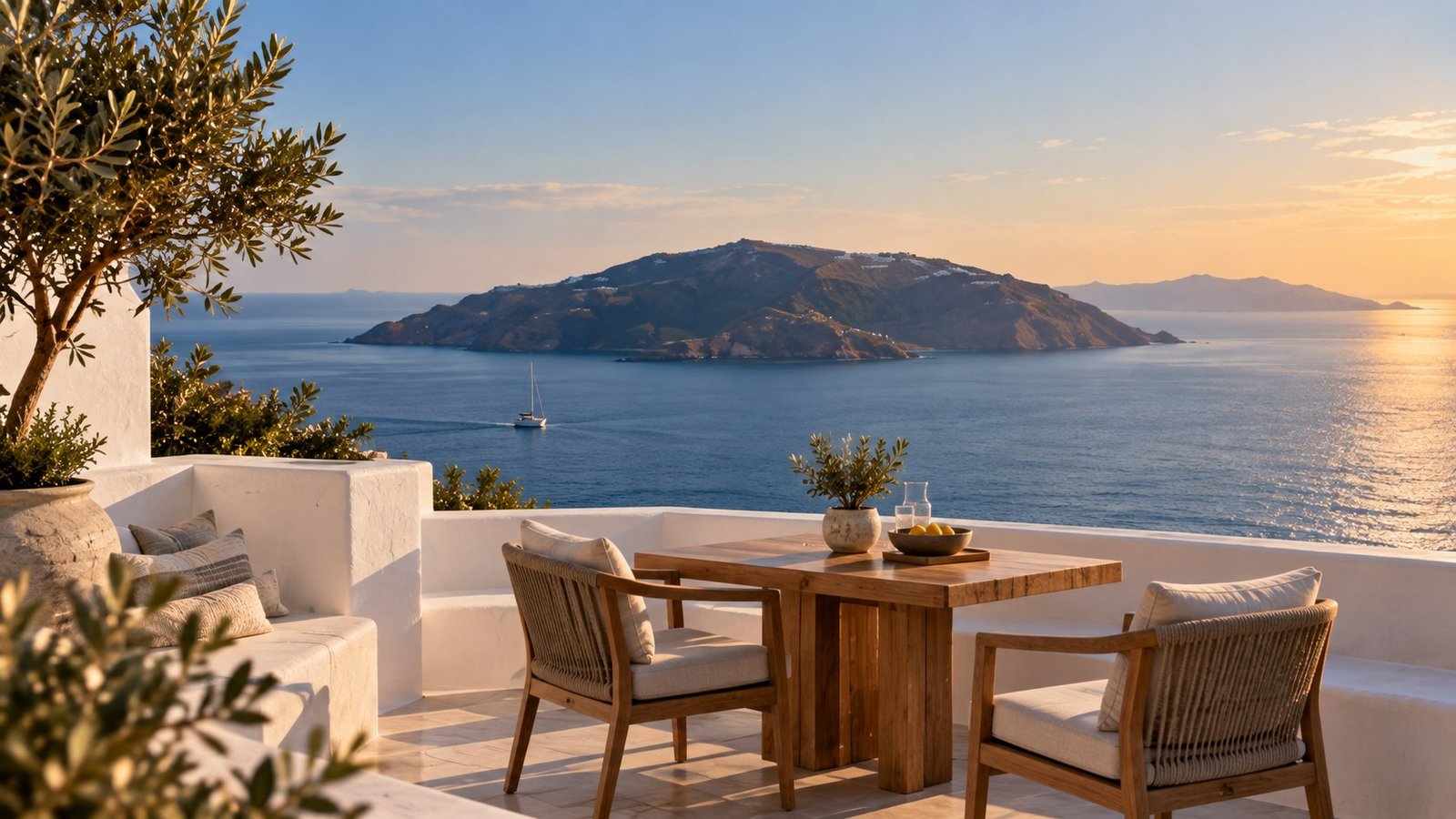 Accommodation terrace with a dining table and Aegean view